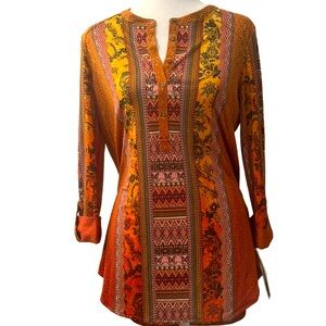 NWT Nygard Bohemian Orange Tribal “Missy” 3/4 cuffed sleeve 5-button blouse